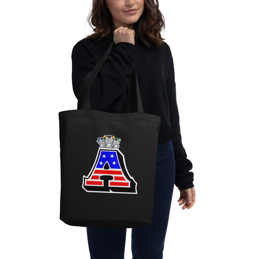 A - Initial Eco Black Tote Bag American Flag with Cat Sabaunty