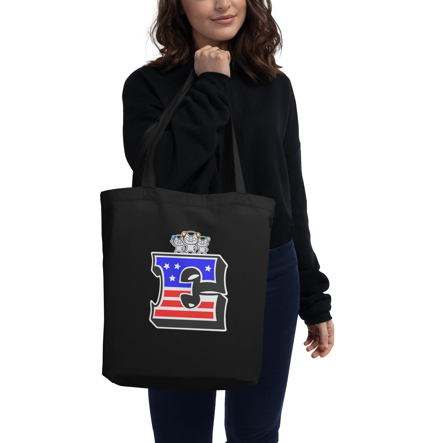 E - Initial Eco Black Tote Bag American Flag with Cat Sabaunty