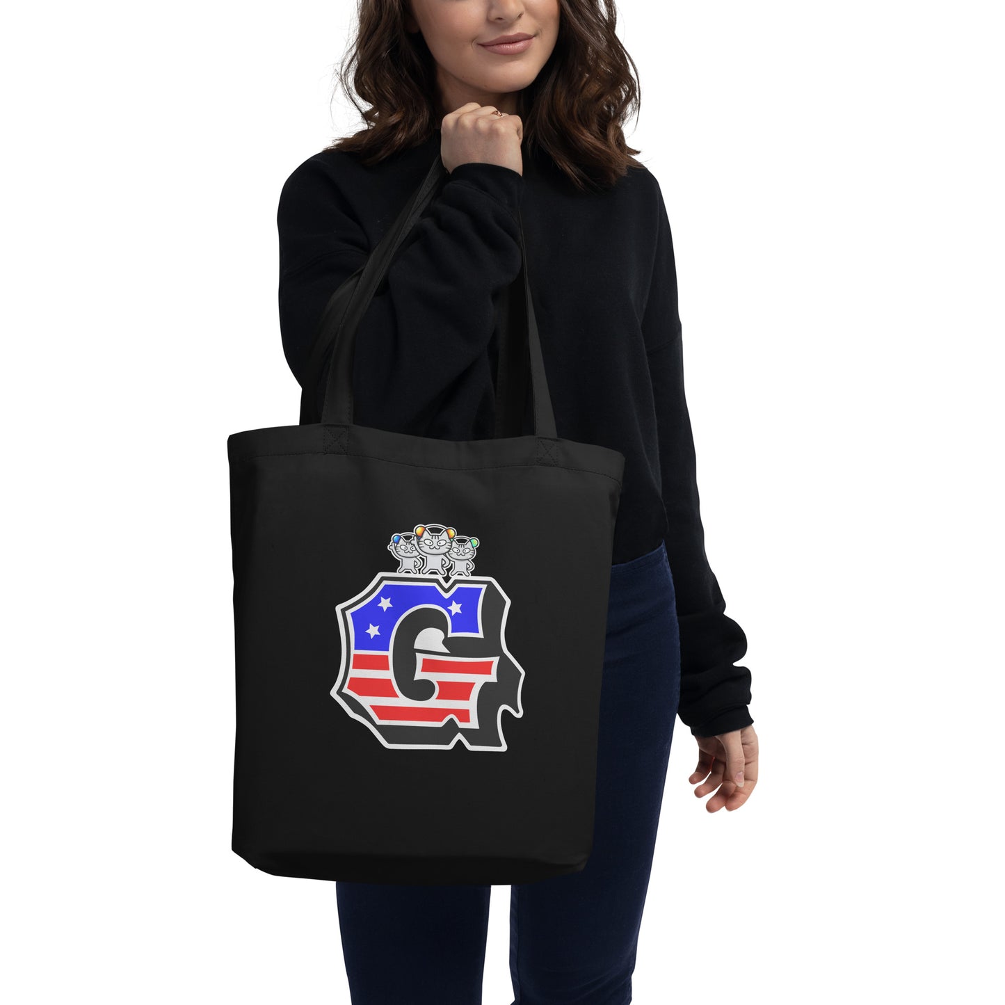 G - Initial Eco Black Tote Bag American Flag with Cat Sabaunty