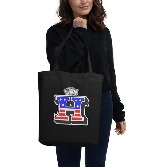 H - Initial Eco Black Tote Bag American Flag with Cat Sabaunty
