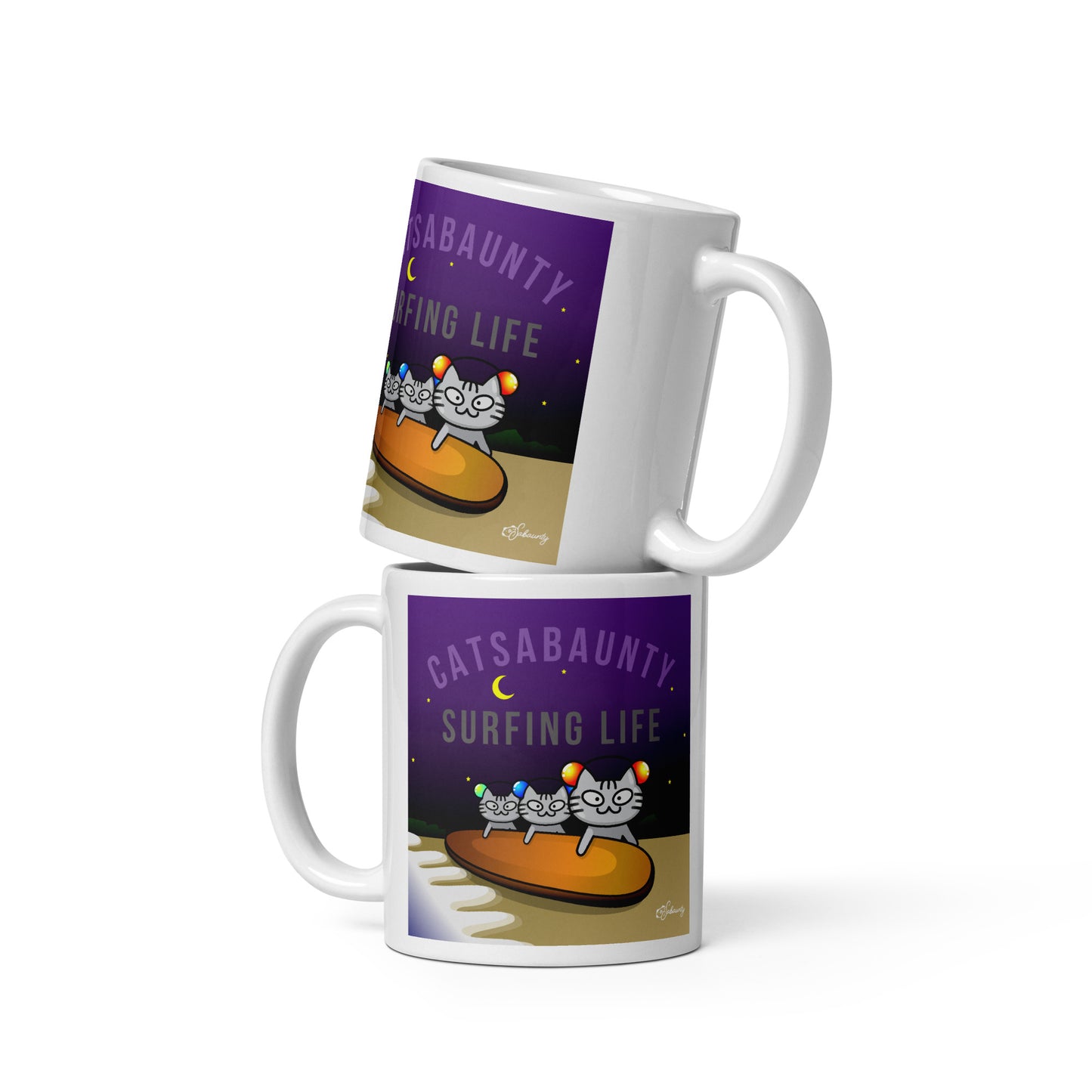 Cat Sabaunty Surfing Life White glossy mug