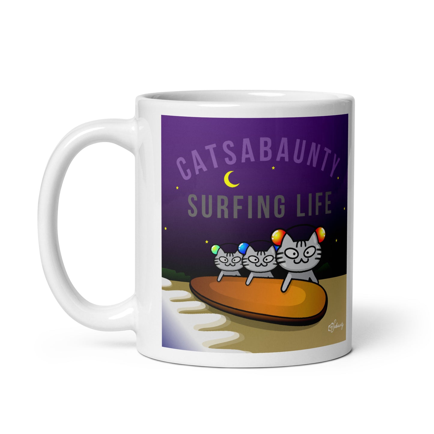 Cat Sabaunty Surfing Life White glossy mug