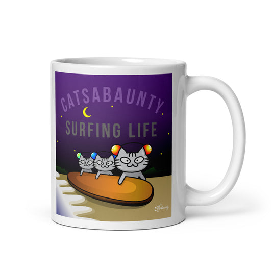 Cat Sabaunty Surfing Life White glossy mug