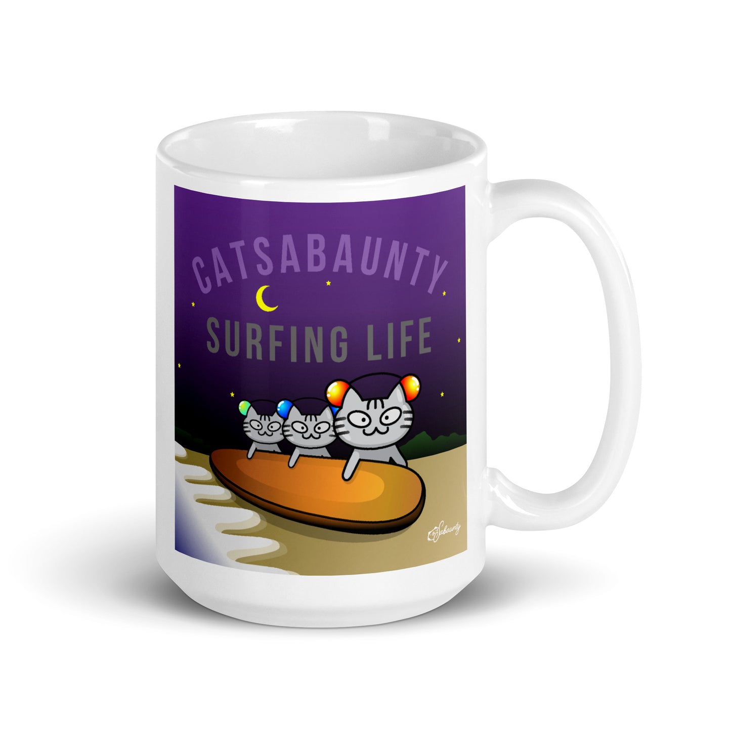 Cat Sabaunty Surfing Life White glossy mug