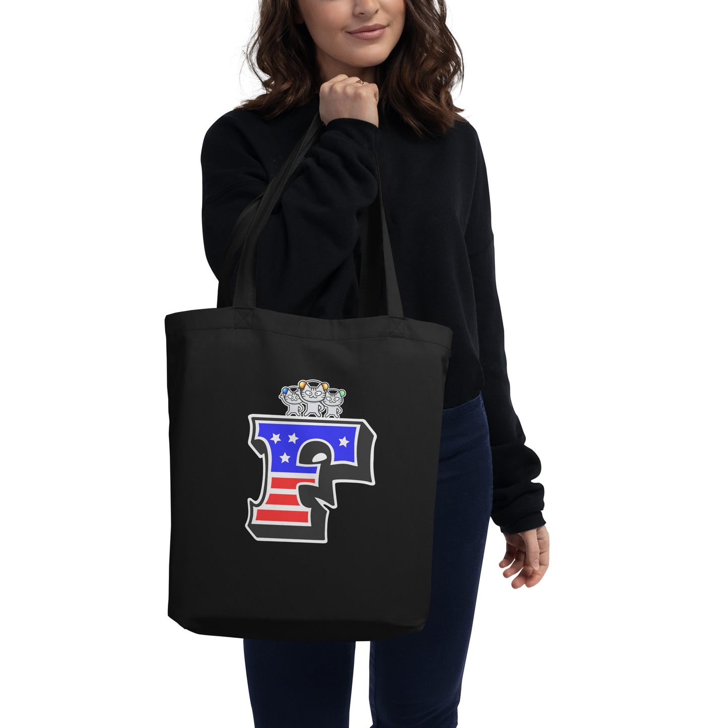 F - Initial Eco Black Tote Bag American Flag with Cat Sabaunty